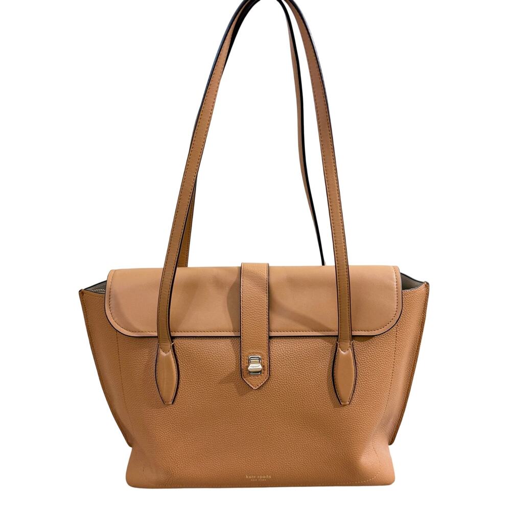 Kate Spade Tan Pebbled Leather Tote EUC Flap/Turn Lock Closure Tons of Pockets